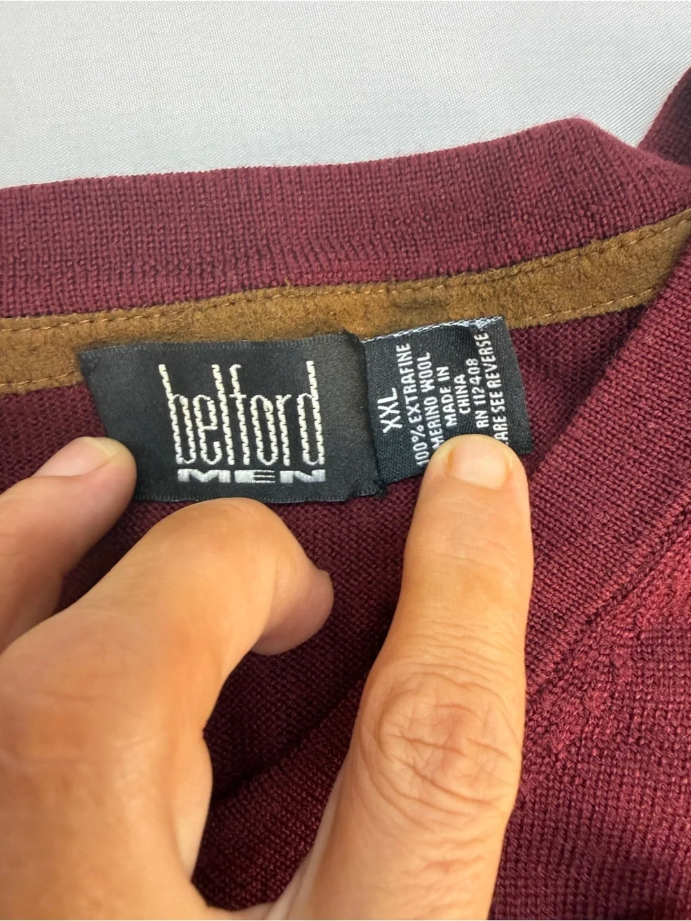 Men's V-Neck Sweater in Burgundy by Belford. Made of extra fine Merino Wool.